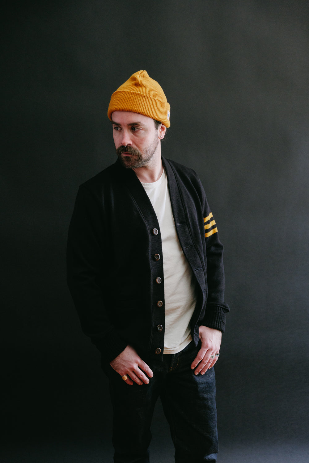 James Dant x Dehen - Classic Varsity Cardigan - Black, Old Gold