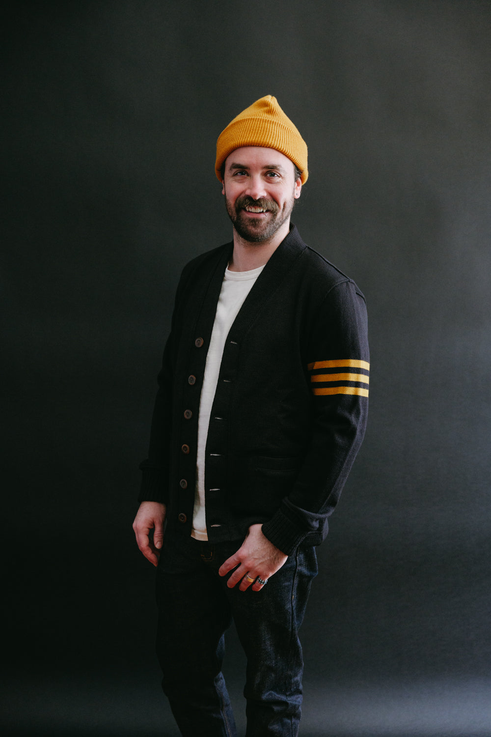 James Dant x Dehen - Classic Varsity Cardigan - Black, Old Gold