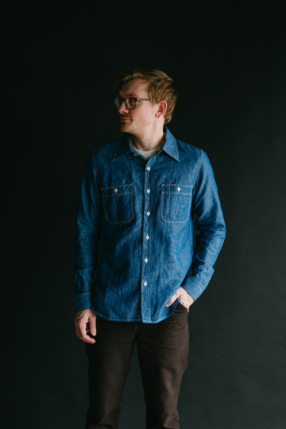 IHSH-222-IND - 5oz Selvedge Cotton Linen Chambray Work Shirt - Indigo