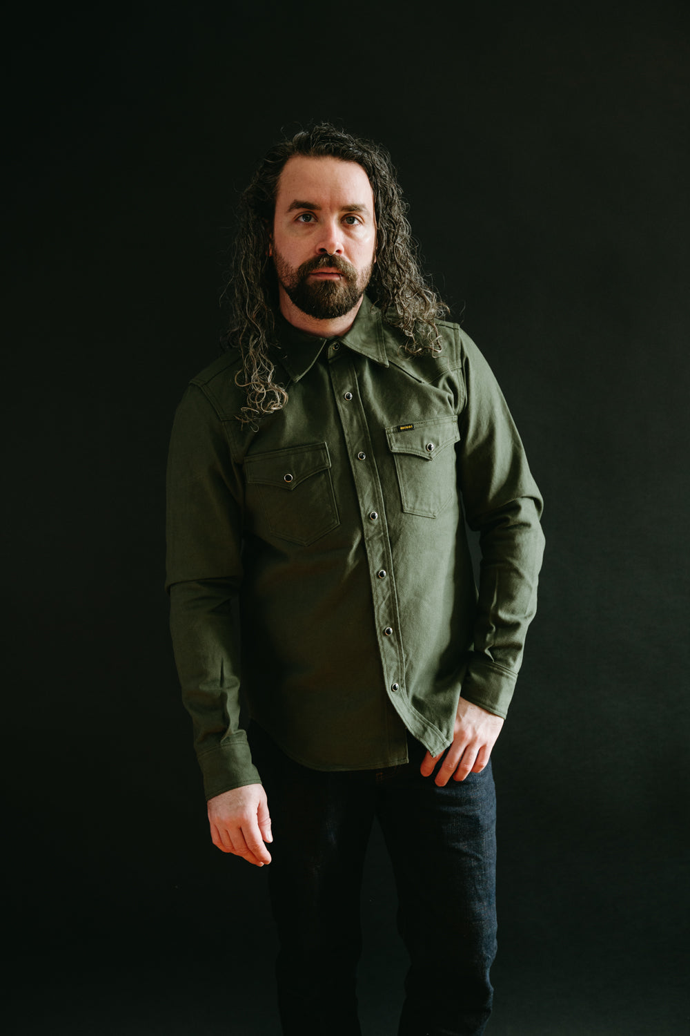 IHSH-235-OLV - 13oz Military Serge Western Shirt - Olive