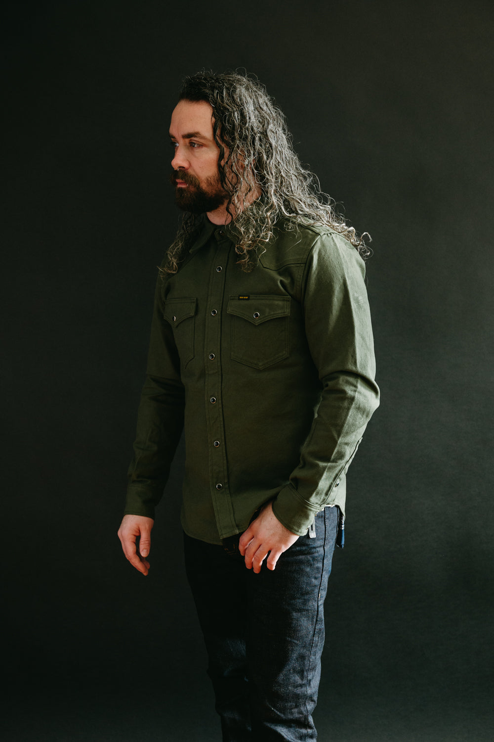 IHSH-235-OLV - 13oz Military Serge Western Shirt - Olive