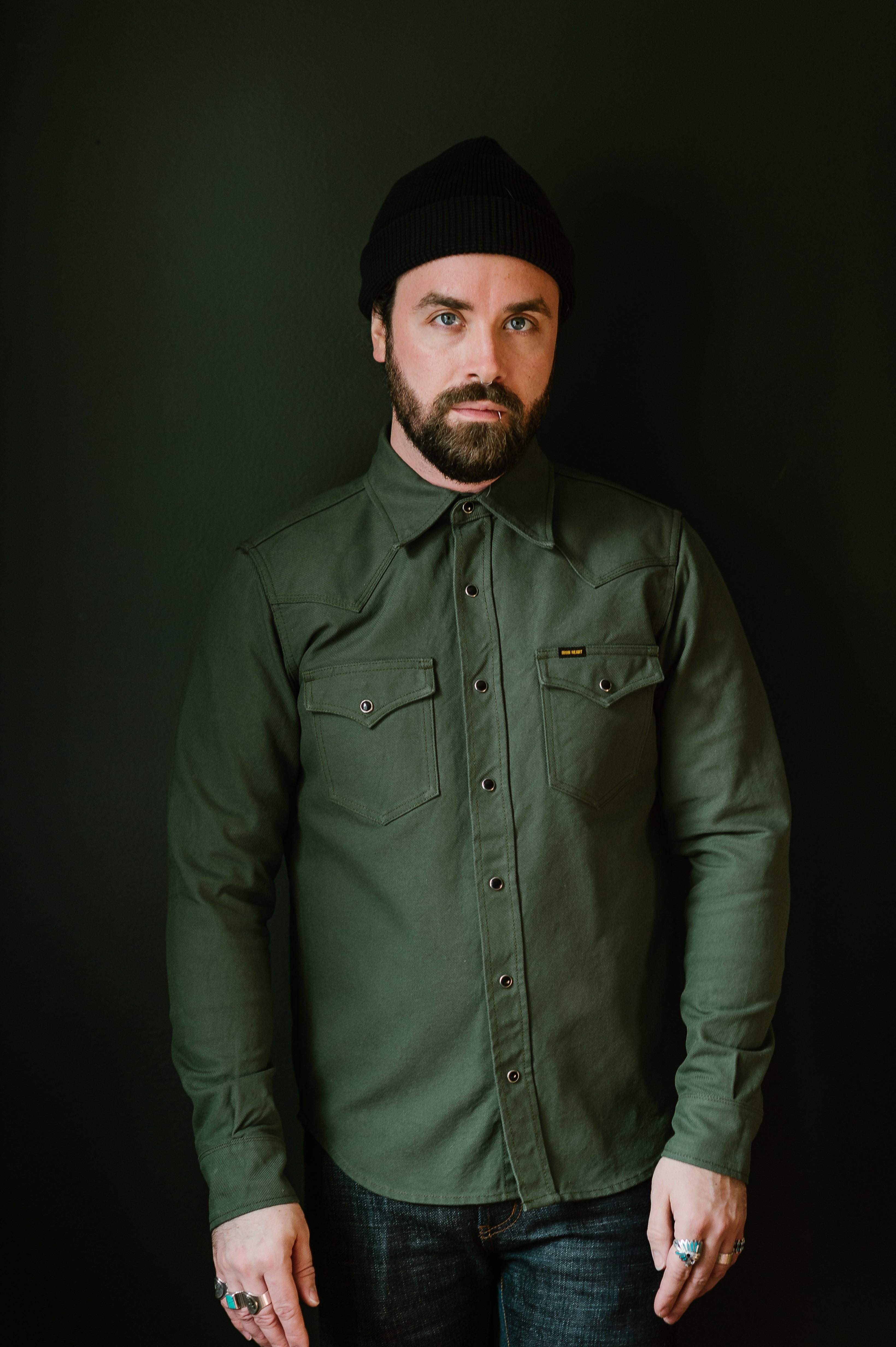 IHSH-235-OLV - 13oz Military Serge Western Shirt - Olive