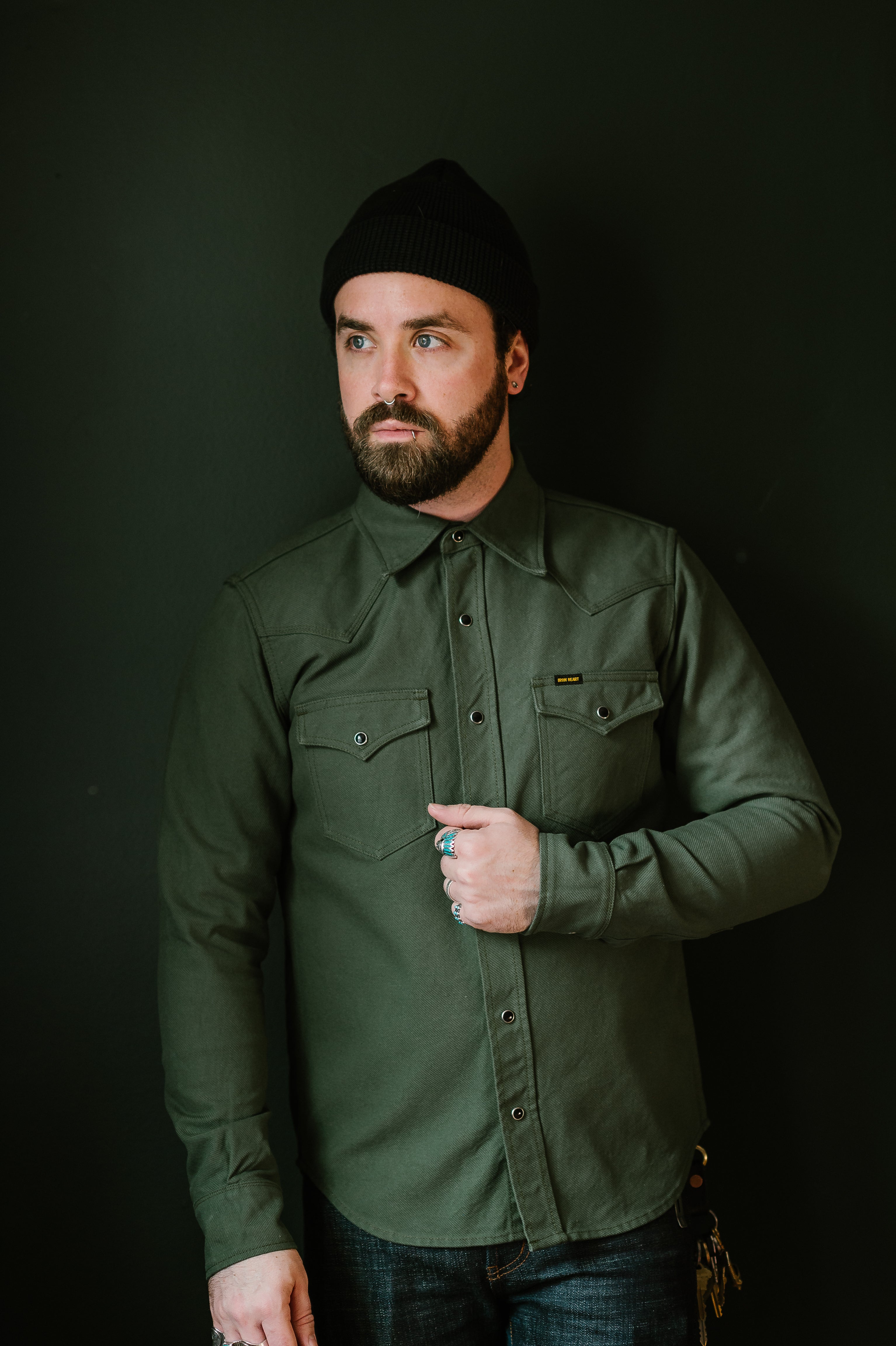 IHSH-235-OLV - 13oz Military Serge Western Shirt - Olive