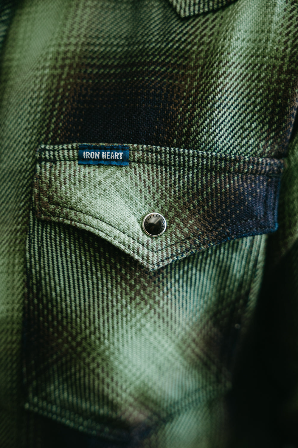 IHSH-348-GRN - 9oz Selvedge Ombré Check Western Shirt - Green