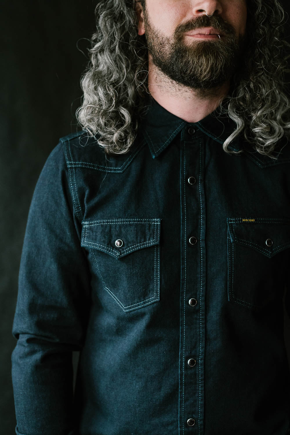 IHSH-321-OD - 10oz Selvedge Denim Western Shirt - Indigo Overdyed Black