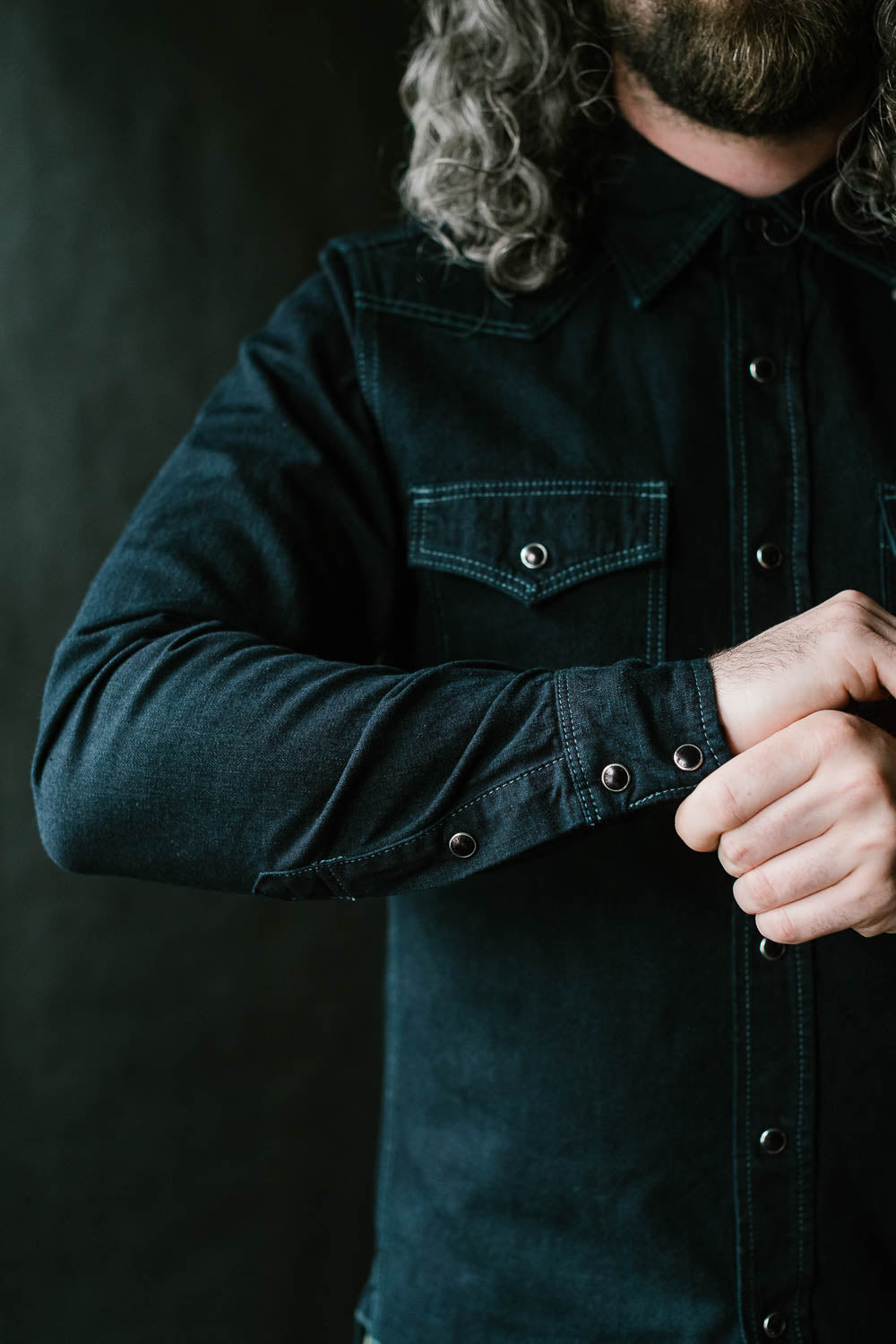 IHSH-321-OD - 10oz Selvedge Denim Western Shirt - Indigo Overdyed Black