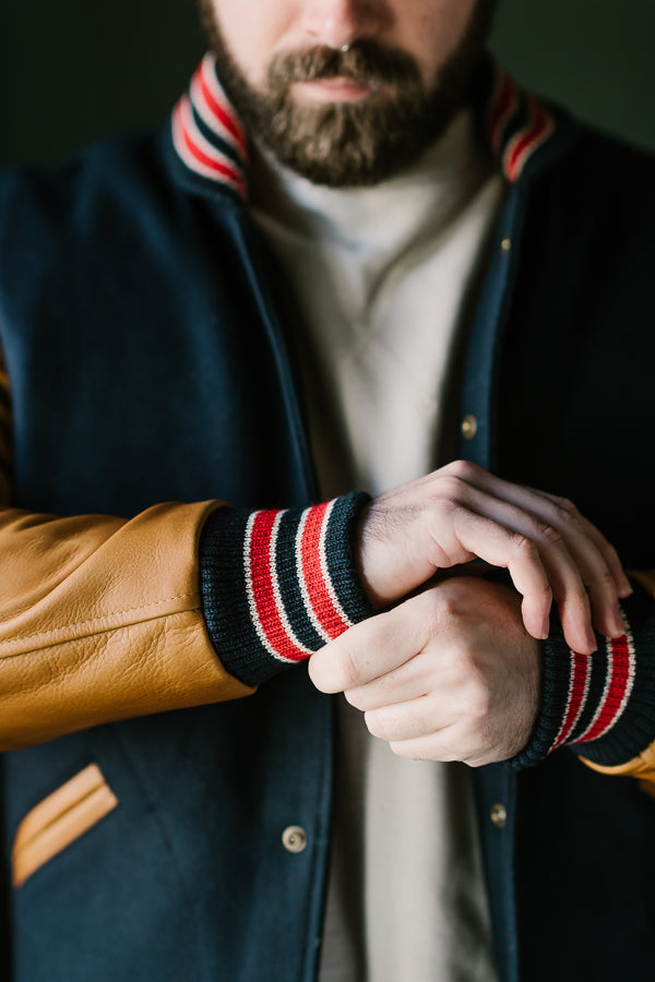 James Dant x Dehen - Varsity Jacket - Deep Navy, Rust