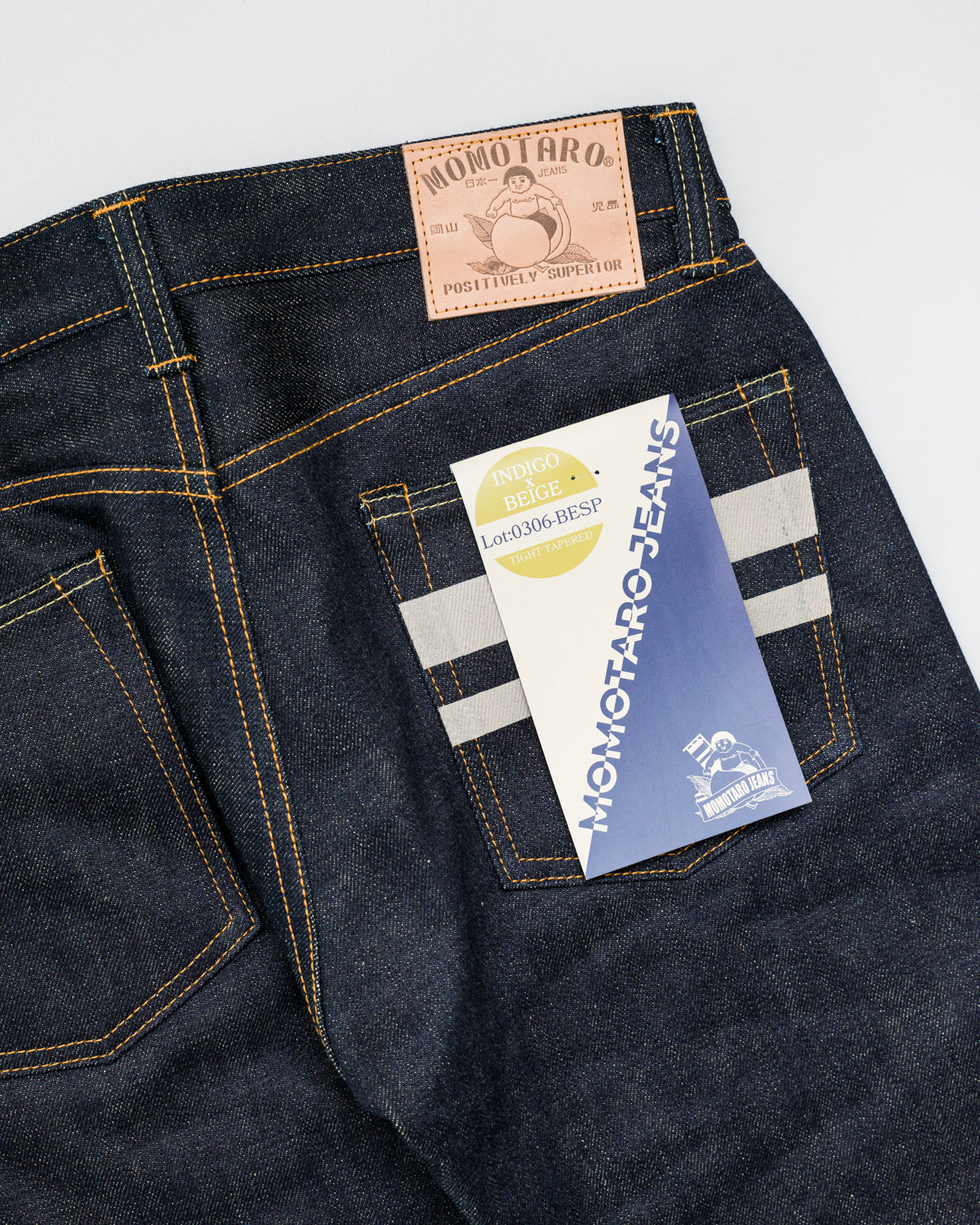 0306-BESP - 18oz Heavy Indigo/Beige Selvedge with Beige Battle Stripes - Tight Taper