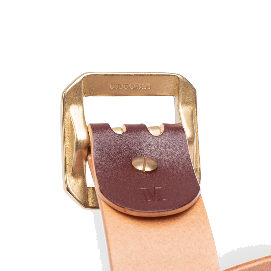 Double Prong Brass Garrison Buckle Leather Belt - Hand-Dyed Brown