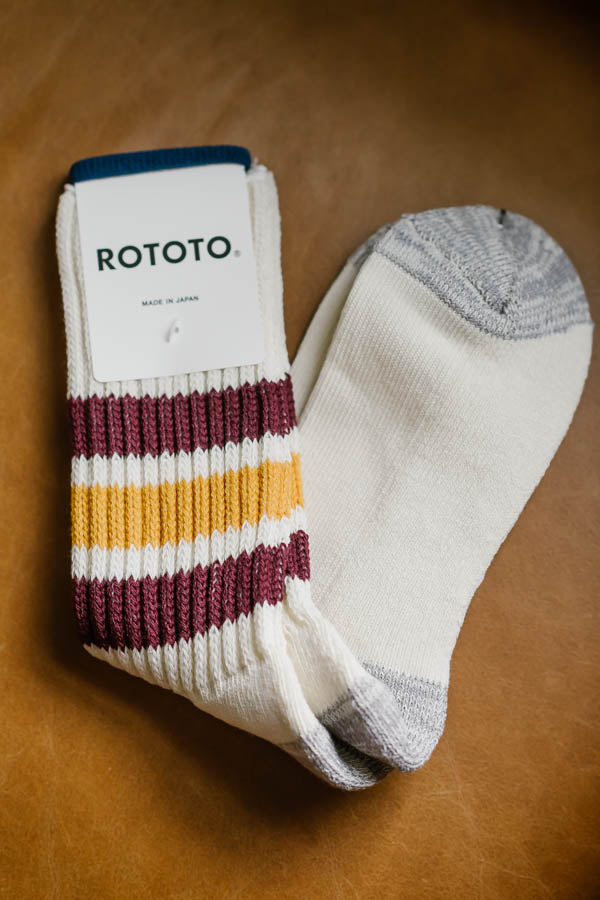 R1255 - Coarse Ribbed Old School Crew Socks - Bordeaux, Yellow